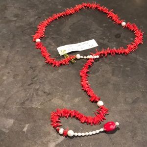 Coral and pearl lariat necklace